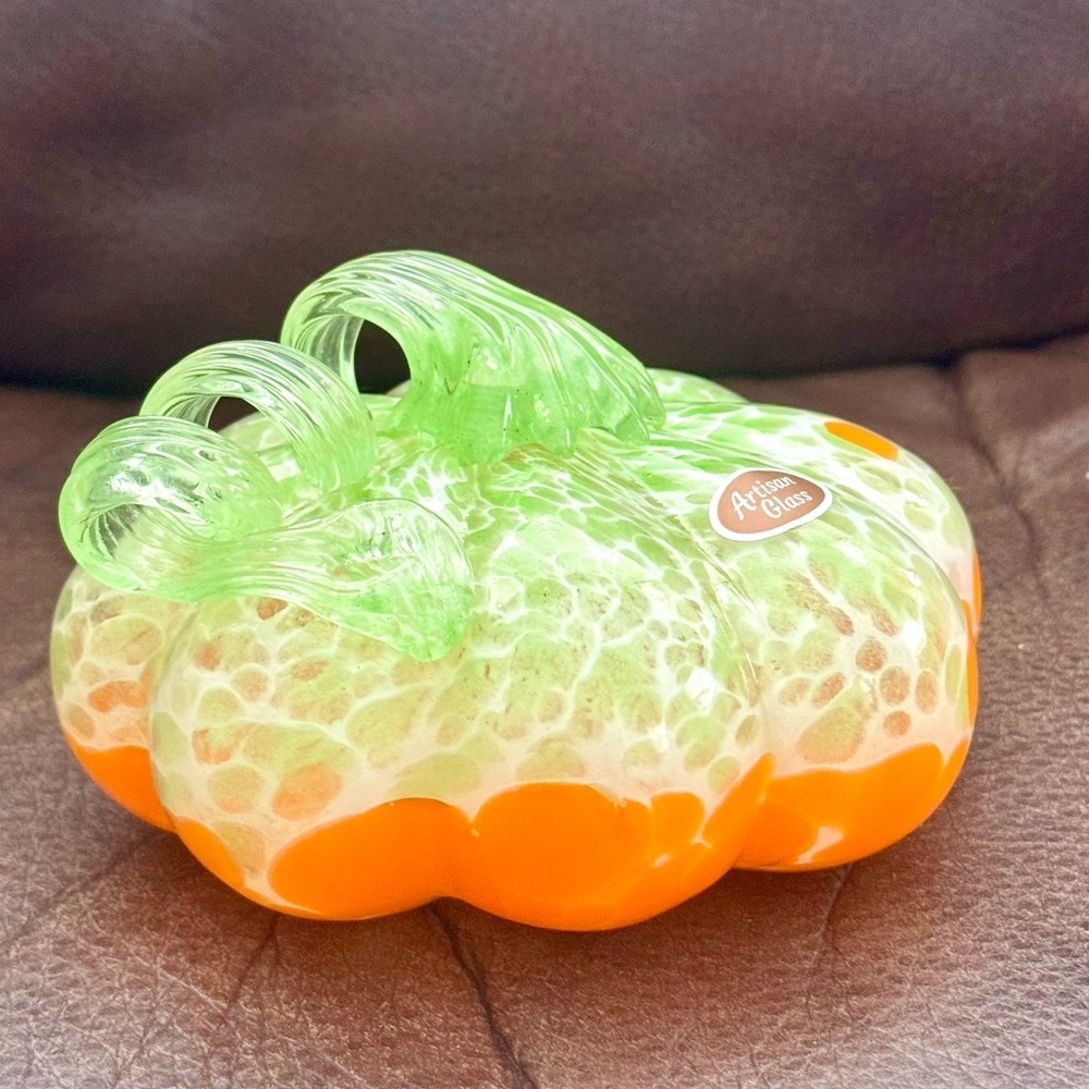Murano Style Art Glass Pumpkin - Orange and Green